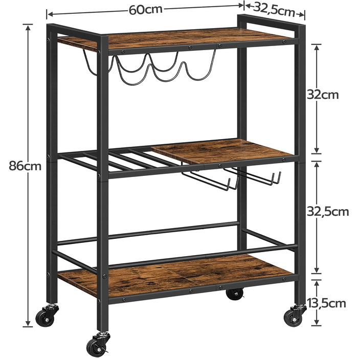 Сервізний візок HOOBRO: візок для кухні, барний візок з замком, візок для вина, вінтажний коричнево-чорний, EBF35TC01G1