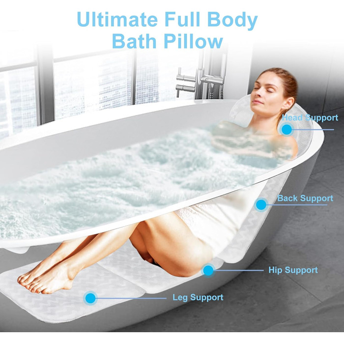 Подушка для ванни з піни memory foam, біла, з присосками, для шиї та спини, 4D вентиляція, 6 присосок (довга, квадратна)