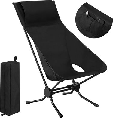 Крісло для кемпінгу WOLTU складне, складне крісло Крісло для риболовлі Крісло для кемпінгу, надлегке складне, зі спинкою Сумка для перенесення Бічні кишені, 150 кг з можливістю завантаження, оксфордська тканина алюміній, CPS8157gn (чорний)