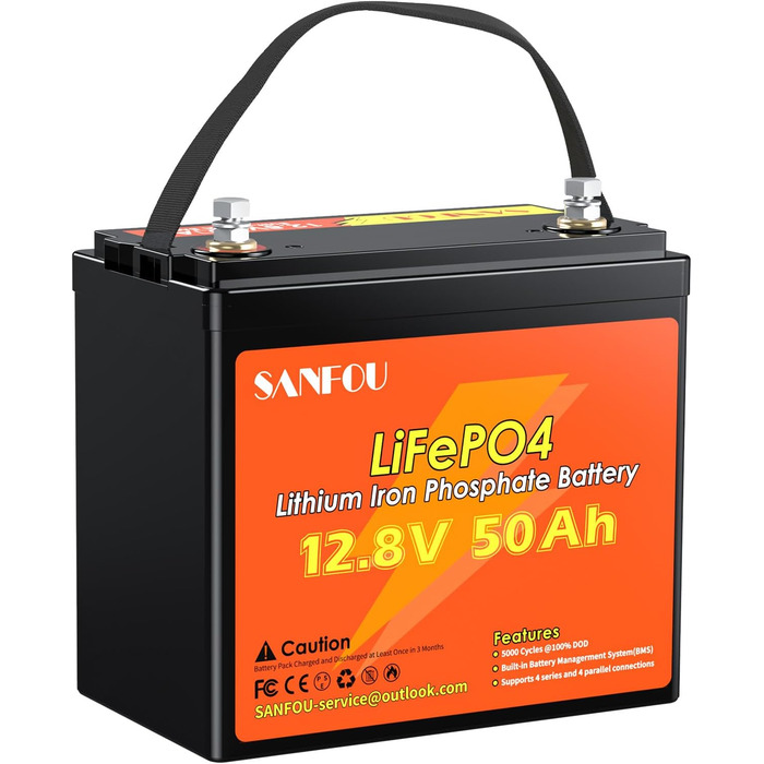 Акумулятор SANFOU 12V 50Ah LiFePO4, 1280 Втгод, BMS 50А, 5000-15000 циклів, для автофургонів