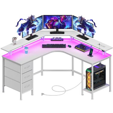 Ігровий кутовий стіл Seventable L-подібної форми з LED підсвіткою, розетками та 3 текстильними висувними ящиками, білий, 135x135x88 см