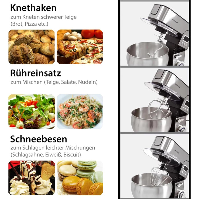 Кухонний комбайн Syntrox Germany Гарний кухонний посуд і м'ясорубка з нержавіючої сталі на 7 літрів, аксесуари для тіста та кремів, функція таймера світлодіодного дисплея (чорний)
