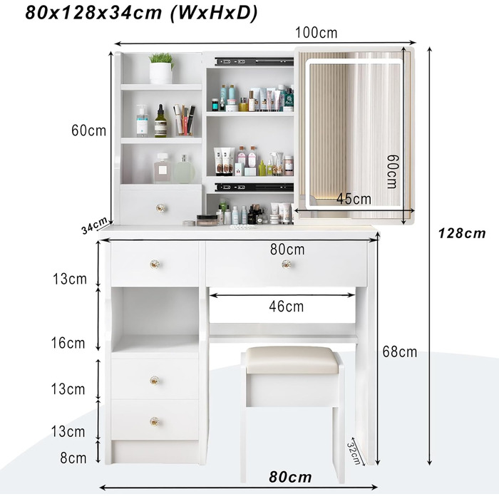 Дзеркальний туалетний столик YuYe з LED-підсвічуванням, регульованою яскравістю, з пуфом, 5 шухлядами та 3 полицями, білий, модель T68