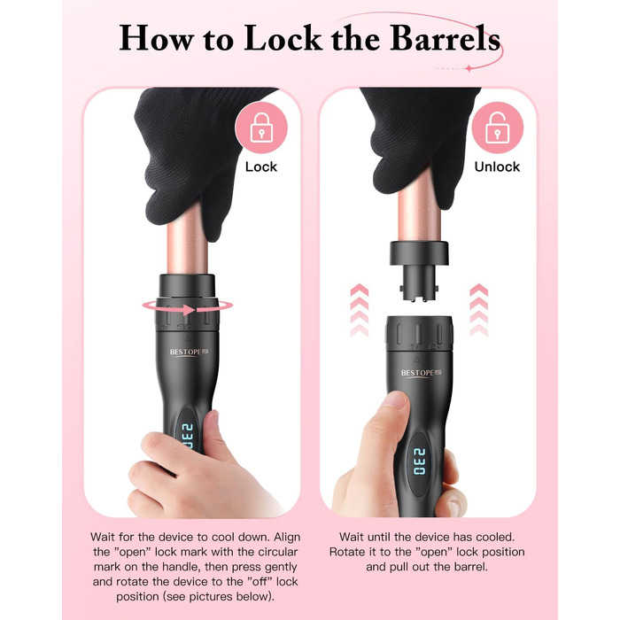 Набір для створення локонів BESTOPE PRO 5 в 1 з LED-дисплеєм: 3 насадки, регулювання температури, рукавичка, кліпси, рожеве золото