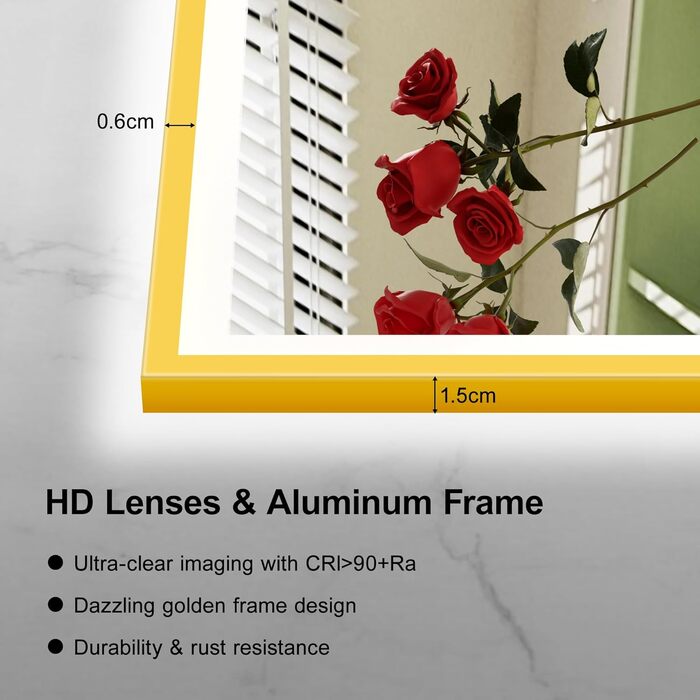 Круглий LED дзеркало для ванної кімнати Furduzz з підсвічуванням, 700 мм, настінний, сенсорний вимикач, регулювання яскравості, 3 кольори, проти запотівання, інтелектуальна пам'ять (модель 2, золота рамка, 70 x 50 см)