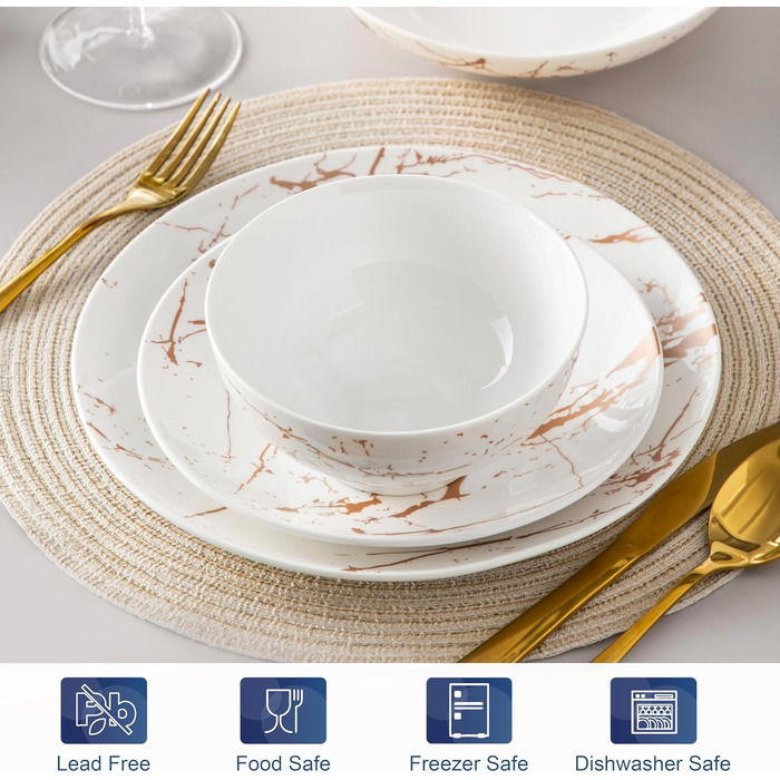 LOVECASA Сервіз столовий порцеляновий Daphne SWEET, 24-частинний набір, 6 персон. Сервіз з золотим декором: тарілки для їжі, десертні тарілки, миски для каші та супові тарілки.
