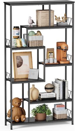 Стильна полиця Bealife для книг, 5 ярусів, чорна, 98 x 30 x 180 см. Відкрита полиця для вітальні, офісу, робочого кабінету, в стилі індустріальний дизайн