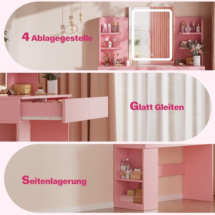 Трюмо Airfish з підсвічуванням 108x40 см: туалетний столик з дзеркалом, полицями, 2 шухлядами, регульоване освітлення, для спальні/вітальні (білий/рожевий)