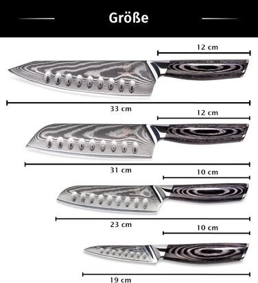 Набір кухонних ножів Wolfblood PRO Damaststahl XL (4 ножі) з нержавіючої сталі Дамаск, 33/31/23/19 см, з сертифікацією TÜV, 62 HRC, з дерев'яною ручкою, подарункова коробка та захист леза