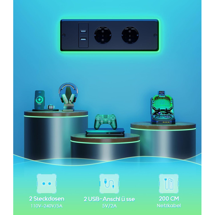 Офісний стіл для геймінгу OffiGo, 140 см, регульована висота, RGB LED, розетки, 3 полиці, тримач для напоїв та навушників, стільниця з карбону, білий (чорний)