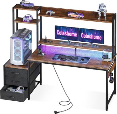 Ігровий стіл Coleshome з полицями та ящиками, 137x48 см. Стіл для геймінгу з LED-підсвічуванням та розеткою, комп'ютерний стіл з місцями для зберігання та підставкою для монітора (Коричневий)