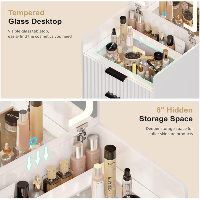 Трюмо Lvifur з LED-дзеркалом та 3 висувними ящиками, кутовий, для спальні, квартири, гуртожитку, білий