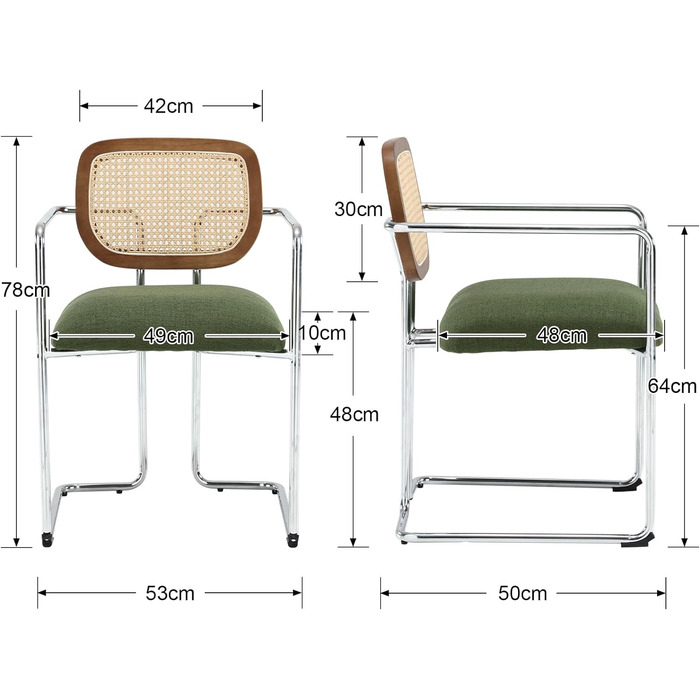 Обідні стільці Wahson Набір з 2 шт. , льон, Спинка з ротанга, Металеві ніжки, Вінтаж, Зелений