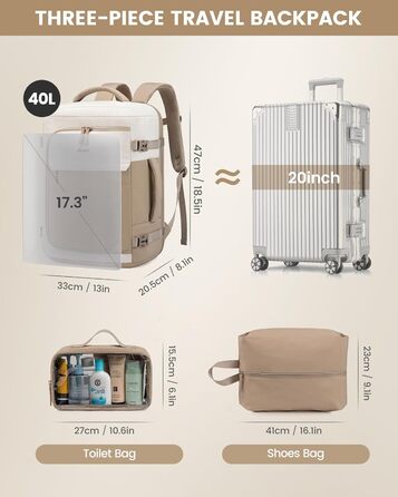 Рюкзак жіночий LOVEVOOK 40L для подорожей та авіаперельотів, Carry On, Beige Khaki, 17 дюймів