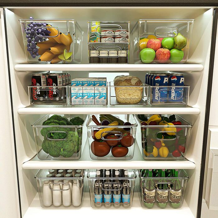 Органайзер для холодильника FINEW, набір з 6 предметів(4 великих і 2 середніх), високоякісний Контейнер для зберігання в коморі з ручкою, прозорий