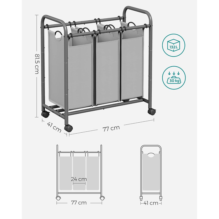 Кошик для білизни SONGMICS 3 відділення, з колесами, знімні тканинні кишені, сортувальник білизни, сірий, LSF003B