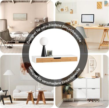 Полиця настінна SoBuy з шухлядою - біла та дерев'яна, 60x24x8 см. Сучасна настінна полиця для вітальні, спальні, коридору FRG93-WN