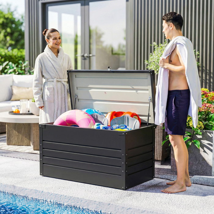 Короб для подушок Gartenbox Metall 450L – міцна металева коробка об'ємом 450 літрів з подвійними стінками кришки. Розміри: 120 x 61 x 62 см. Водостійка, з можливістю замикання. Колір: сірий.