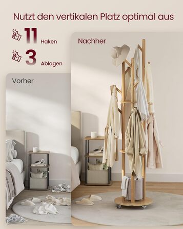 Вішалка для одягу VASAGLE з 11 гачками та 3 полицями, на коліщатках, з масиву дерева, для передпокою, спальні, вітальні, RCR023B01 (натуральний колір)