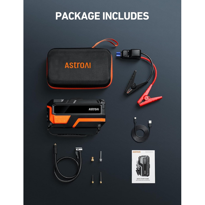 AstroAI MF16 Powerbank для запуску авто з компресором 150 PSI, 6000A, для 12V авто, мотоциклів, SUV, з LED-дисплеєм, помаранчевий