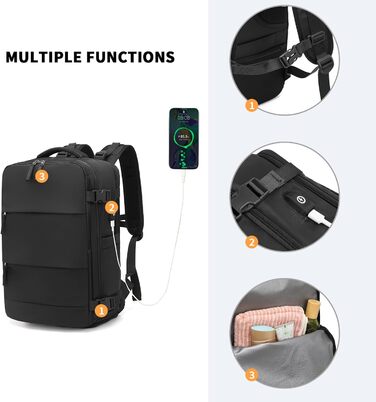 KONO Рюкзак для ручної поклажі 42x30x20, рюкзак для ноутбука 25L, Outdoor, для подорожей, спорту, Weekender з відділенням для взуття, чорний