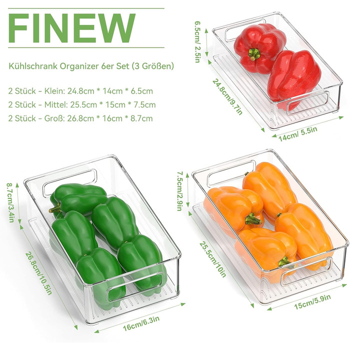 Організатор для холодильника FINEW, набір 12 шт (4 маленькі, 4 середні, 4 великі), прозорі контейнери для зберігання, BPA free