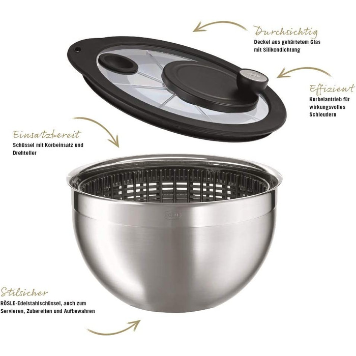 Салатниця-відцентрофуга RÖSLE з нержавіючої сталі 18/10, діаметр 24 см, об'єм 27x25.5x18.5 см