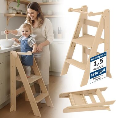Bellabino Tay: Навчальний столик-лесенка для дітей від 1 року - Білий, регульований, Монтессорі, з захистом від перекидання, з натурального дерева, для безпечного самостійного навчання