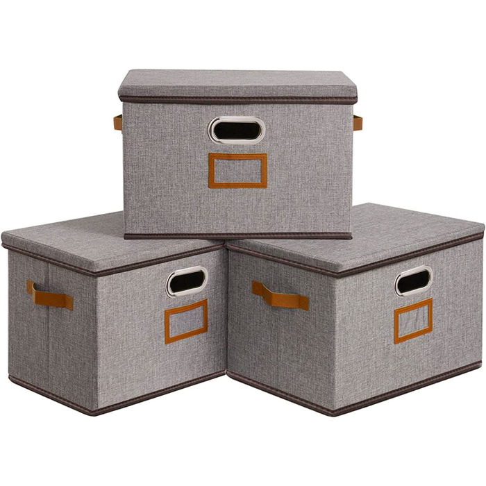 Ящик для зберігання OUTBROS з кришкою і ручкою, складаний ящик для зберігання з тканини кошика для зберігання з кишенею для етикеток, органайзер для іграшок, одягу, книг, 32 х 23 х 20 см 3 шт. (Сірий, дуже великий (3 упаковки))