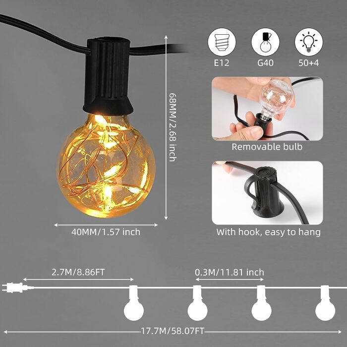 Світлодіодні струнні світильники TEMFAU зовнішні 18 м, 54 лампочки G40, IP44, прикраса для саду, балкона, тераси, теплий білий