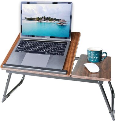 Столик для ноутбука з регульованими ніжками та підстаканником, підставка для читання, піднос для сніданку на диван, ліжко, терасу, балкон (Білий, Коричневий)