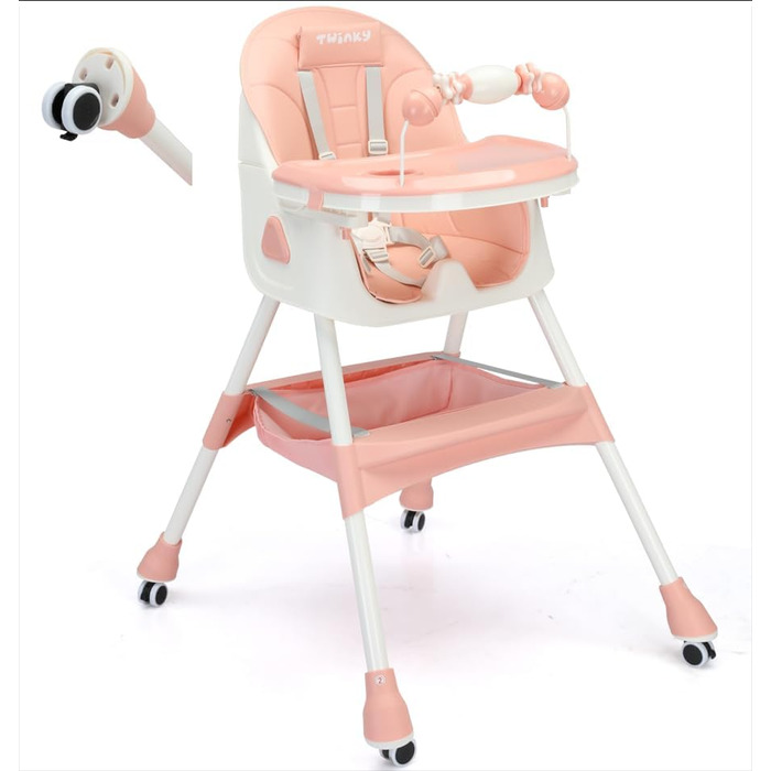 Дитячий стільчик для годування Twinky Hochstuhl Baby ECO з регульованою спинкою, функцією розкладання та столиком - підходить для новонароджених та дітей (Рожевий)