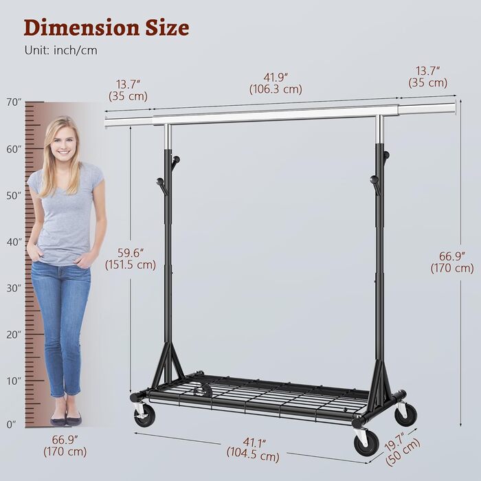 Стійка для одягу на колесах FAVOOOSTY, металева, мобільна, до 200 кг, чорна, 1 перекладина