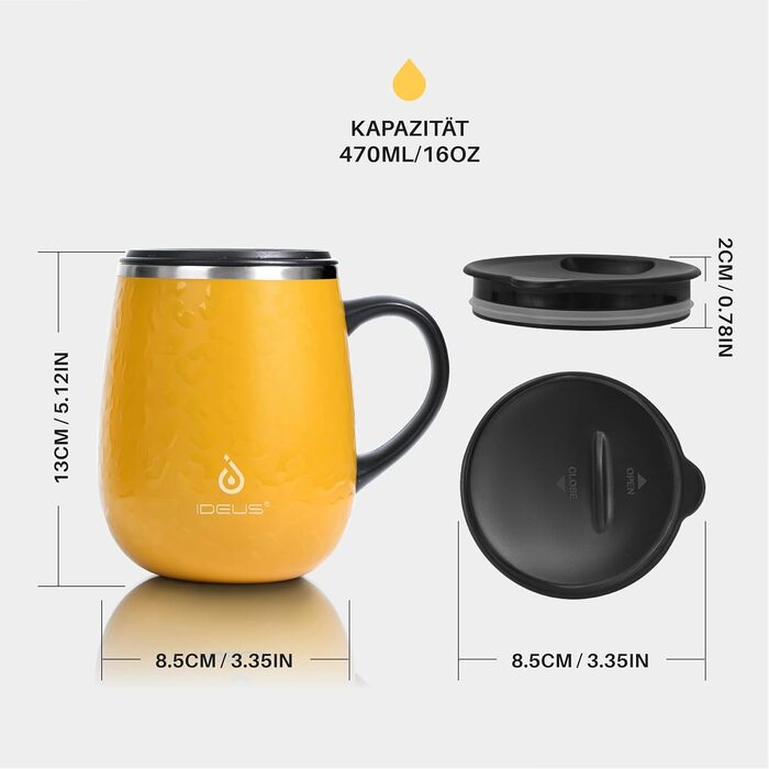 Кружка для кави та чаю Ideus 470 мл (подвійні стінки, нержавіюча сталь, з кришкою)