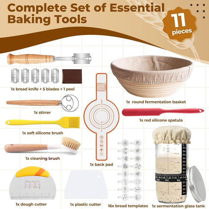 Набір для випікання хліба: 32 предмети, корзини для бродіння, склянка для закваски 730мл, аксесуари для випікання, для початківців та професіоналів