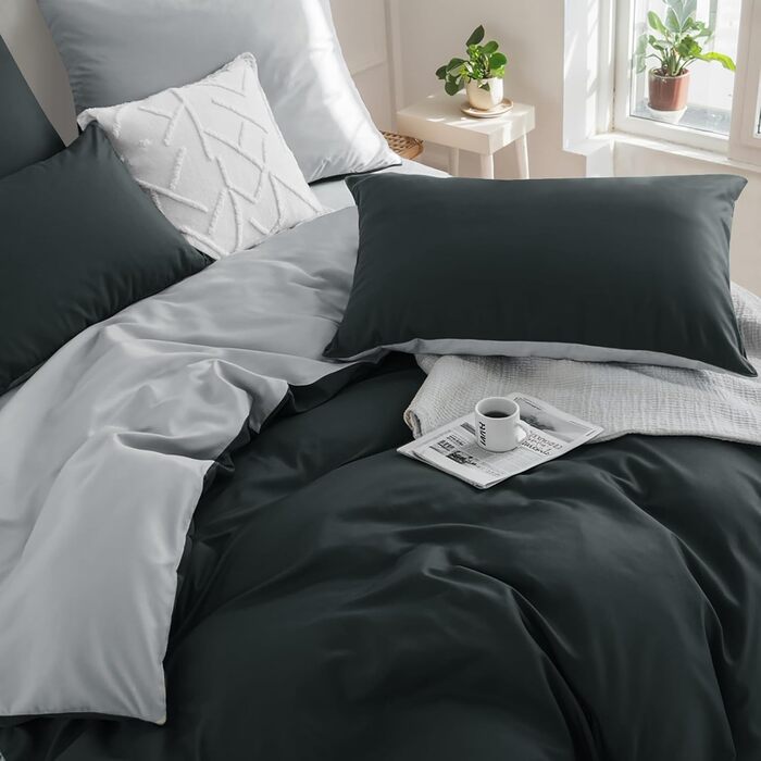 Комплект постільної білизни RUIKASI 135x200 з бавовни (4 частини) - сірий, двоколірний комплект з блискавкою, антрацит та світло-сірий, 135x200 см