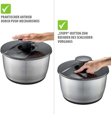 Салатниця GEFU з кришкою для зберігання, 3л, пластикова чаша з вбудованим ситом та ручним приводом, чорно-сіра