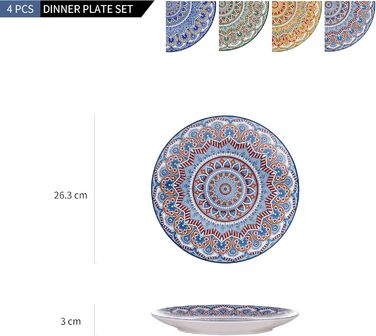 Посуд Vancasso MANDALA 16 предметів, керамічний набір для 4 осіб, розпис ручної роботи, богемський стиль (4 тарілки обідні, бірюзовий мандала)