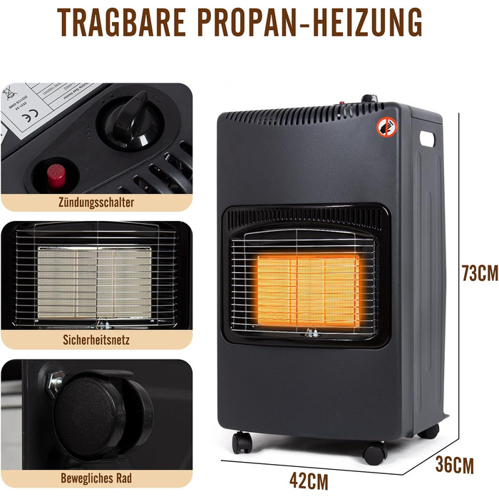 Газовий обігрівач Todeco 4200W з керамічним нагрівачем, чорний колір, 3 режими нагріву, з регулятором тиску, шлангом, для балконів та добре провітрюваних приміщень