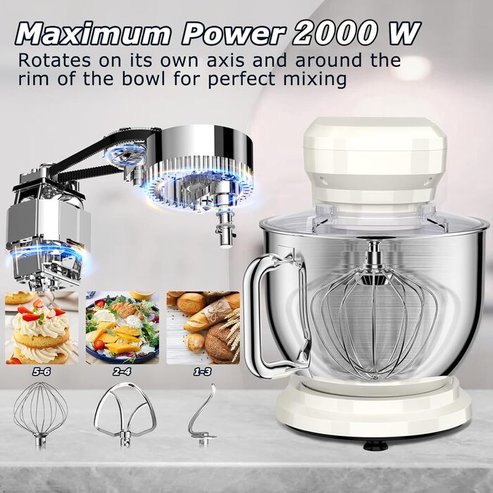 Кухонна машина Cheflee 2000W: потужна планетарна міксер для тіста та збивання, 6 швидкостей, 7.2 л чаша з нержавіючої сталі, гак для тіста та вінчик, захист від бризок (Cream White)