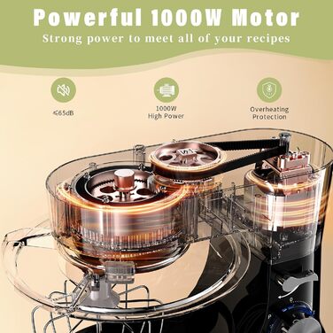 Кухонна машина Zuccie з тихою роботою, 5л чаша з нержавіючої сталі, 3 насадки, сплітц-захист, скребок для тіста та роздільник яєць, 8+P швидкості, для приготування тіста (білий/чорний)