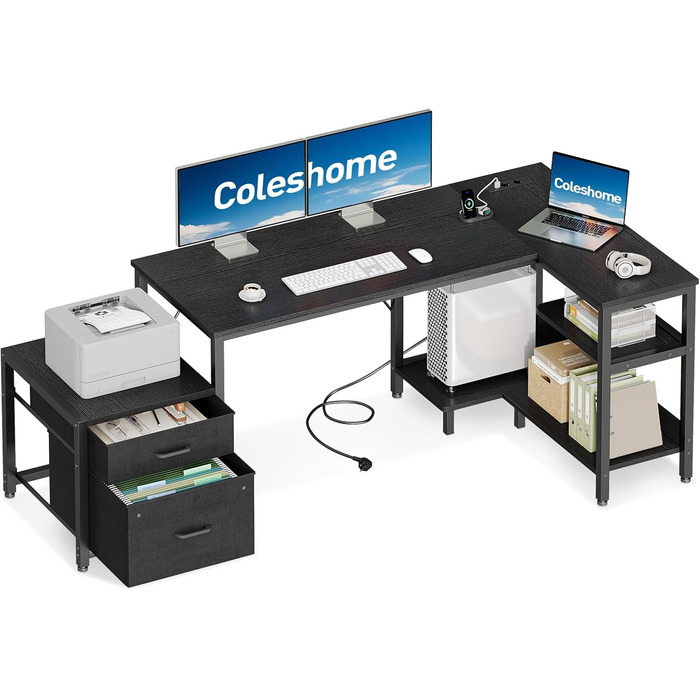 Комп'ютерний стіл Coleshome L-подібний з ящиками, розеткою, 160x80 см, білий (чорний)