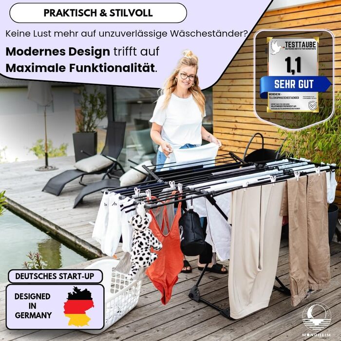 MONDHEIM® Сушарка для білизни XXL Teleskop 26м | Розкладна, з поперечиною, для балкону/тераси