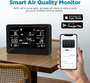 Вимірювач якості повітря Therm La Mode CF-30 зі Smart-додаток: виявлення забруднювачів, пилку, CO2, PM2.5, PM1.0, формальдегіду, температури. Великий LCD-дисплей
