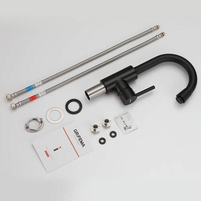 Змішувач для ванної кімнати GRIFEMA - поворотний на 360°, одноlever, нержавіюча сталь, 180 мм, гаряча та холодна вода, економія води, проста установка, з'єднання 3/8″, для гостьового туалету, G1002A (Чорний)