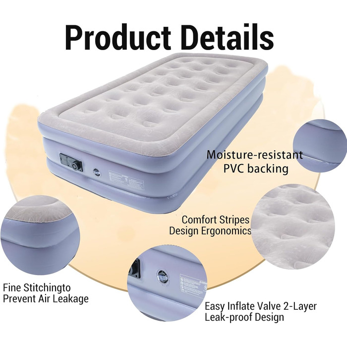 Надувне ліжко Icelus Doppel 204x153x23 см з повітряним насосом. Надувний матрац для кемпінгу, подорожей та дому. Ліжко для відпочинку, спальне місце для 1 особи