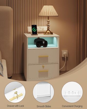 Комплект приліжкових тумб Hzuaneri з LED-підсвіткою, USB і Type-C портами, замком, 2 ящиками та відкритою полицею, білий для спальні та вітальні