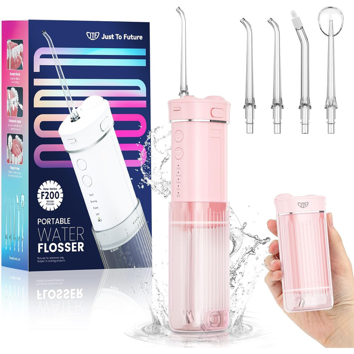 Портативний електричний іригатор для порожнини рота JTF Mini, бездротовий, для подорожей, з 5 насадками, 4 режими, 230 мл, водонепроникний (IPX7), рожевий