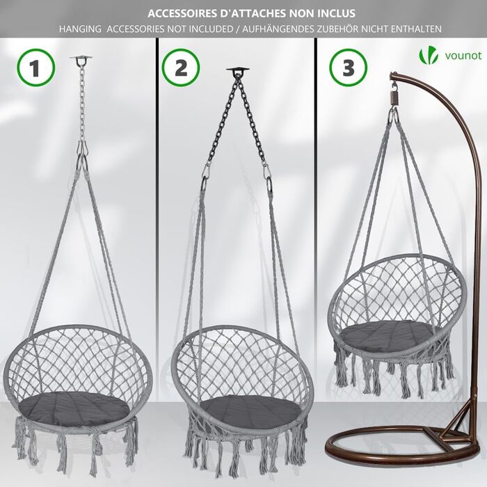 Підвісне крісло-гойдалка VOUNOT з полицею для книг та подушкою, для дому та саду, діаметр сидіння 80 см, X-Large, сірий колір