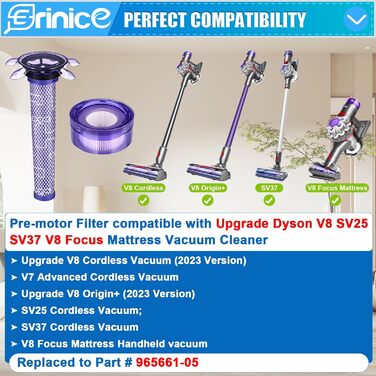 Змінний фільтр Erinice SV25 для акумуляторного пилососа Dyson V8 V7 Advanced V8 Origin Фільтр пилососа SV37 V8 Фільтр для матраца Dyson V8 Focus, замінює на частину 965661-01 & 965661-01